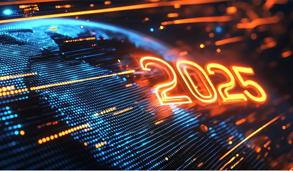 Futuristička digitalna ilustracija sa svetlećim natpisom 2025. simbolizuje tehnologiju, inovacije i budućnost.