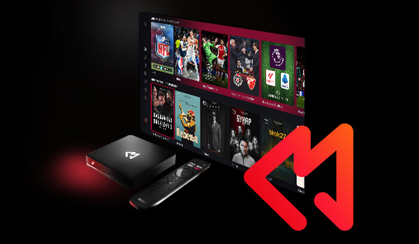 Interfejs MOVE digitalne televizije, koji prikazuje sirok spektar sadrzaja: sport, filmove i serije, kao i set-top box uredjaj i daljinski upravljač, uz move logo u desnom uglu.